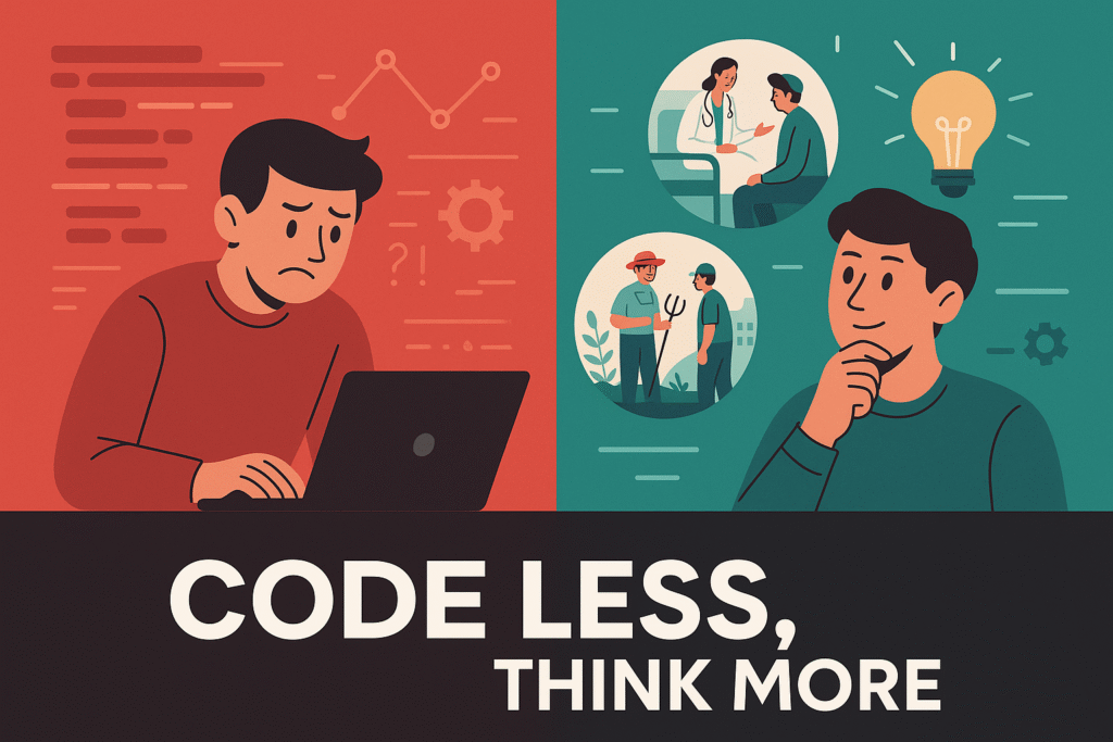 Infografis perbandingan coding vs problem finding di bidang kesehatan, pertanian, industri